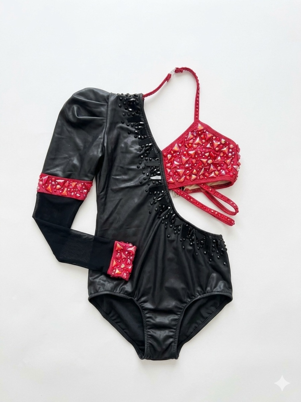 Glamour Black and Red Asymmetric Dance Leotard with Embellished Red Top